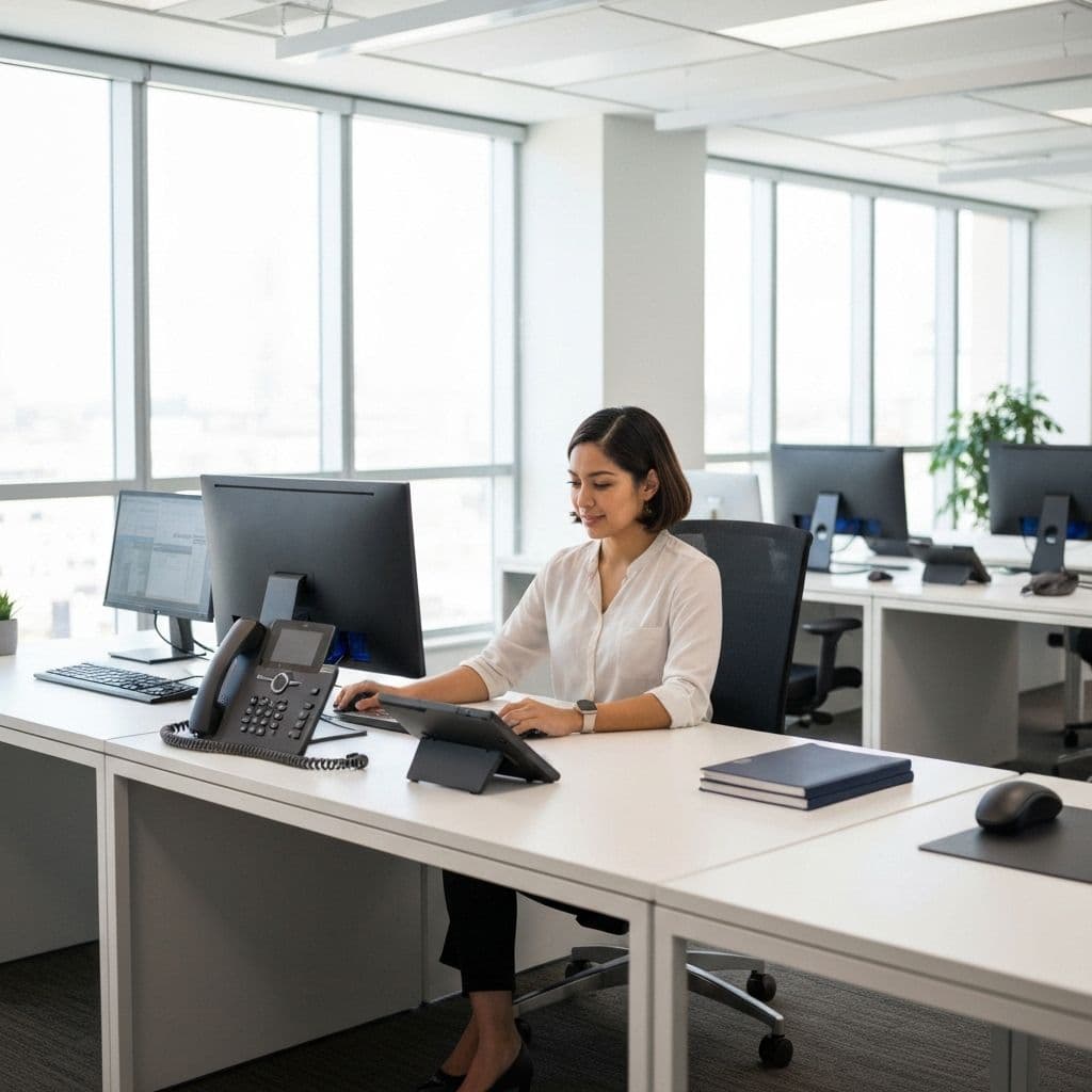 Téléphone VoIP moderne dans un bureau professionnel avec ordinateur