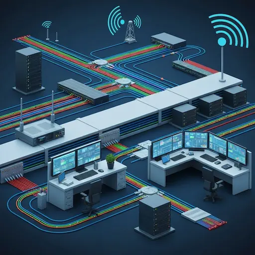 Infrastructure de télécommunications moderne avec équipements réseau et fibres optiques